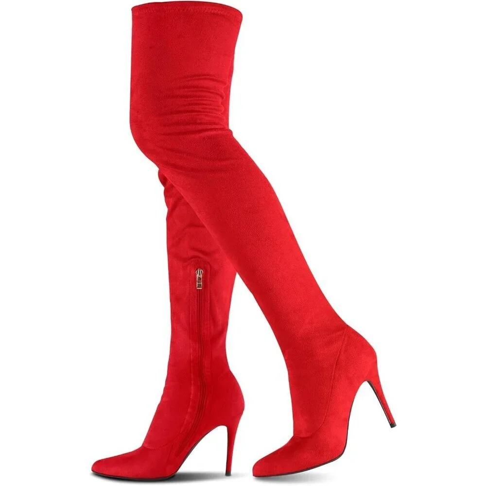 Women's Red -Faux-Suede Pointed Toe Thigh High Side Zipper Heel Boot Shoe
